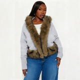 Women Autumn/Winter Hooded Fur Patchwork Pocket Long Sleeve Jacket