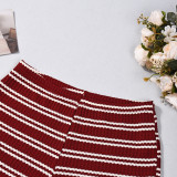Women Autumn Striped Long-Sleeved Top and Shorts Two-Piece Set