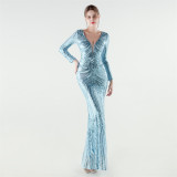 Women Long Sleeve Sequined Formal Party Evening Dress