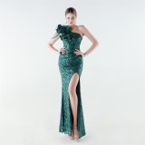Women's Feather One-Shoulder Sequin Fitted Mermaid High Slit Formal Party Evening Gown