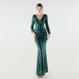 Women Long Sleeve Sequined Formal Party Evening Dress