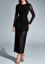 Women's Spring Autumn Mesh Long Sleeve Sexy Round Neck See-Through Bodycon Long Dress