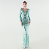 Women Long Sleeve Sequined Formal Party Evening Dress