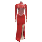 Women Solidmesh Beaded Slit Maxi Dress