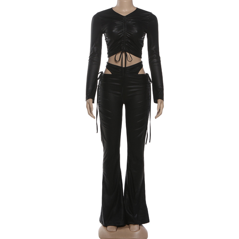 Women Autumn Pleated Sexy Crop Top and Pants Two-Piece Set
