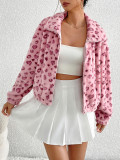 Women Autumn/Winter Furry Zipper Long-Sleeved Heart Print Leopard Print Jacket