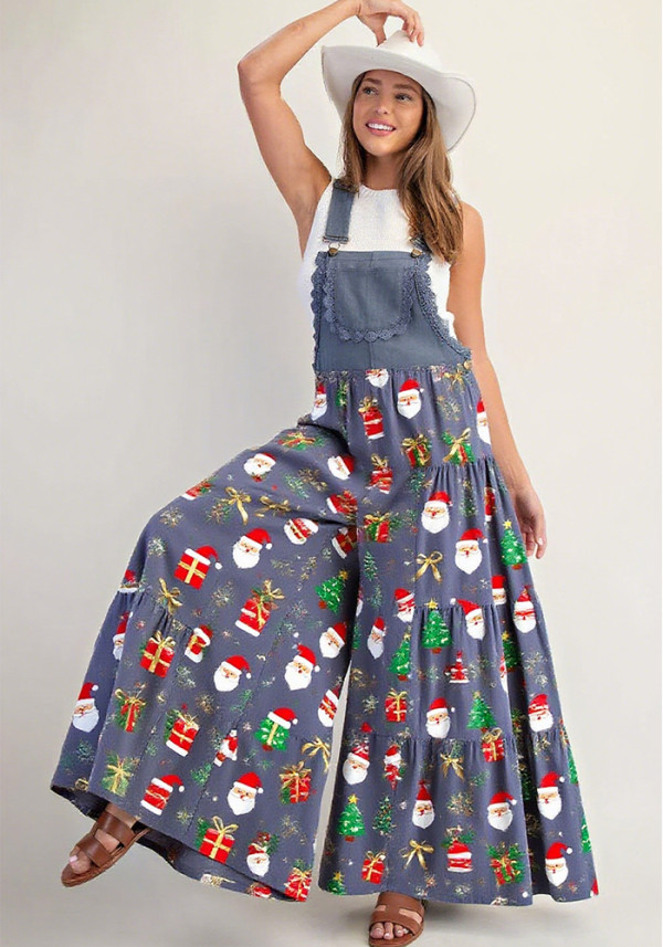 Autumn Winter Women's Christmas Printed Strappy Jumpsuit