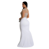 Women Solidmesh Beaded Slit Maxi Dress