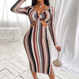 Women's Stripes Printed V-neck Long Sleeve Midi Dress