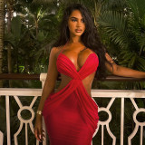 Women Sexy Backless Pleated Halter Neck Strapless Crossover Solid Bodycon Dress
