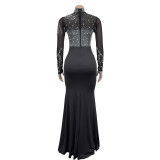 Women Solidmesh Beaded Slit Maxi Dress