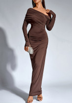 Women's Autumn Winter Long Sleeve Sexy Chic Slash Shoulder Low Back Fitted Bodycon Long Dress