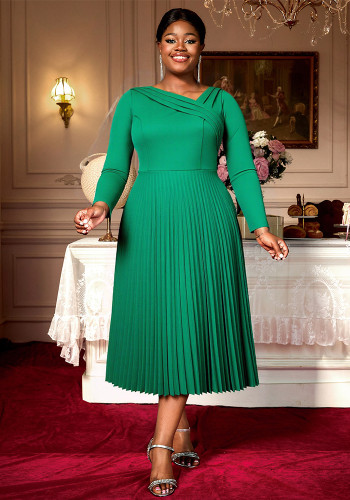 Women's Plus Size Green V-Neck Long Sleeve Slim Waist Pleated Maxi Chic Formal Party Dress