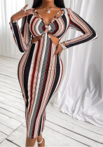 Women's Stripes Printed V-neck Long Sleeve Midi Dress