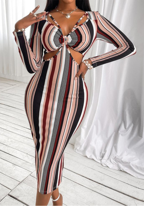 Women's Stripes Printed V-neck Long Sleeve Midi Dress