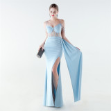 Women Herringbone Mesh Beaded Formal Party Evening Dress
