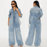 Women Stretchy Long-Sleeved Denim Bell Bottom Jumpsuit