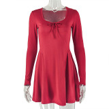 Women Pleated Long-Sleeve Solid Dress