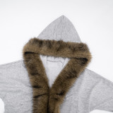 Women Autumn/Winter Hooded Fur Patchwork Pocket Long Sleeve Jacket