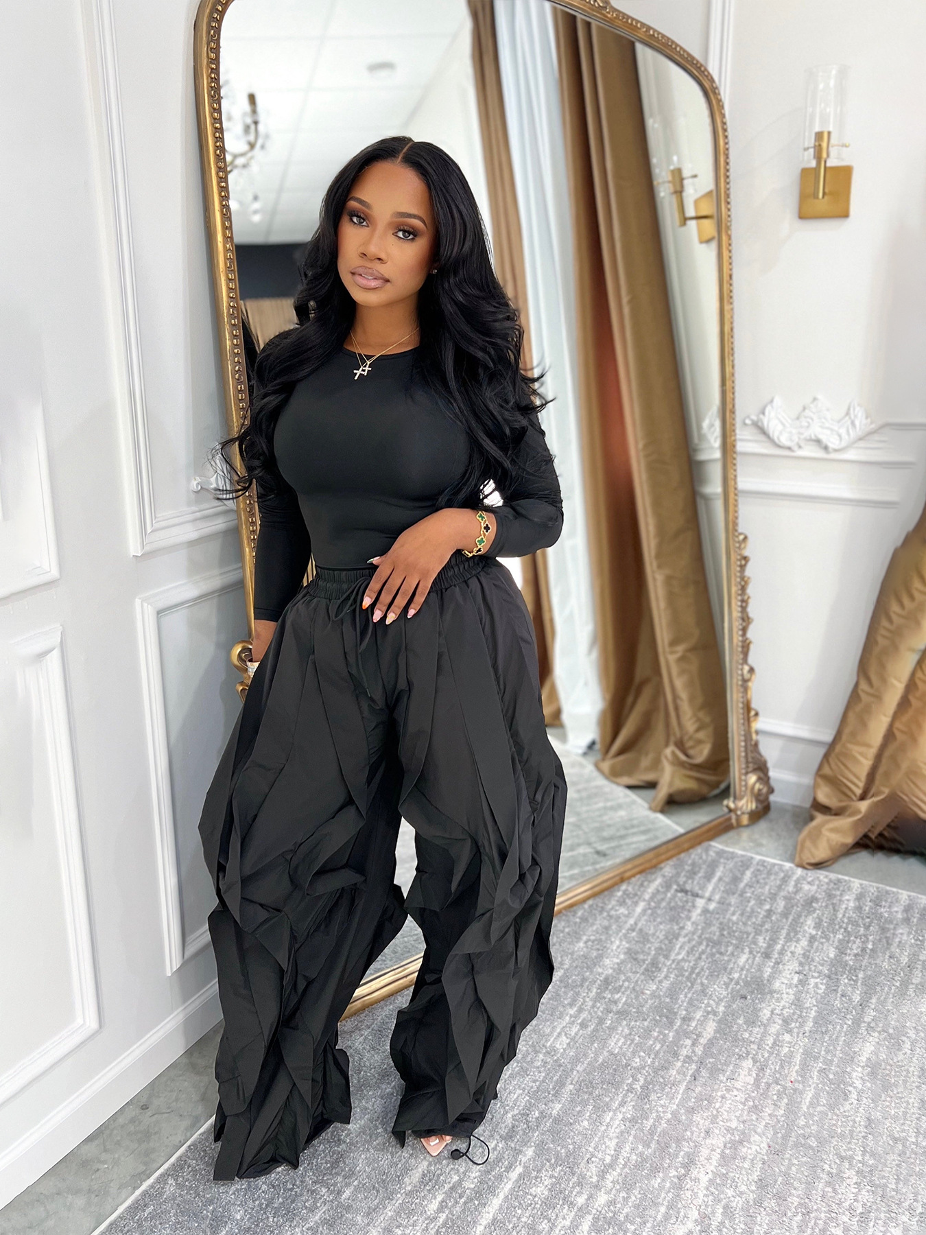 Women Autumn/Winter Long Sleeve Top and Layers Wide-Leg Pant Two-Piece Set