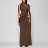 Women Autumn/Winter Sexy Ribbon Pleated Solid Maxi Dress