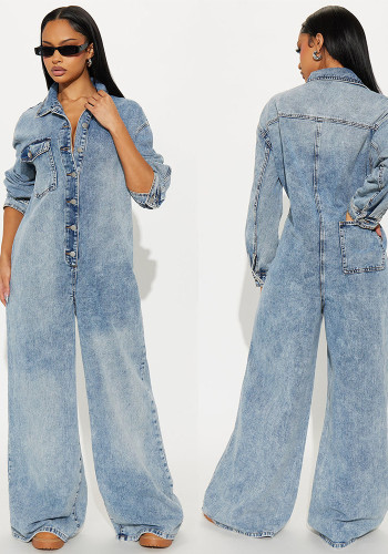 Women Stretchy Long-Sleeved Denim Bell Bottom Jumpsuit