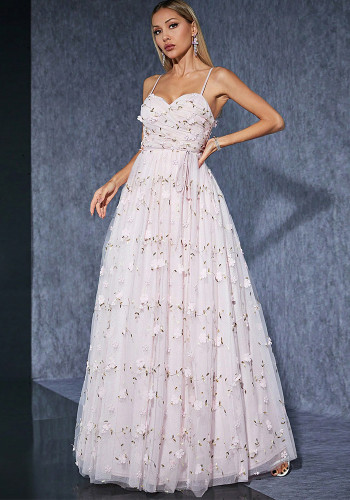 Women Embroidered Pink Camisole Formal Party Maxi Dress