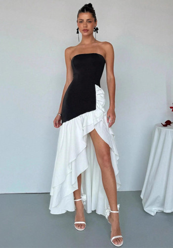 Women Elegant and Sexy Black Strapless Irregular Lace Dress