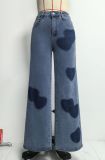 Women Spring/Summer Heart Print Casual Denim Wide-Leg Pants