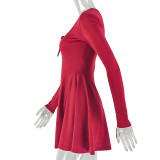 Women Pleated Long-Sleeve Solid Dress