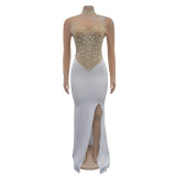 Women Solidmesh Beaded Slit Maxi Dress