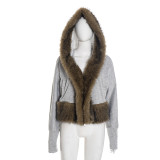 Women Autumn/Winter Hooded Fur Patchwork Pocket Long Sleeve Jacket