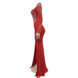 Women Solidmesh Beaded Slit Maxi Dress