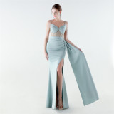 Women Herringbone Mesh Beaded Formal Party Evening Dress