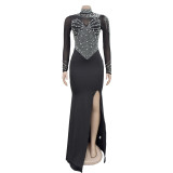 Women Solidmesh Beaded Slit Maxi Dress