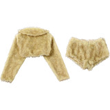 Women Winter Sexy Fur Turndown Collar Crop Top Shorts Two-Piece Set