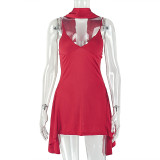 Women Pleated Solid Sexy Halter Neck V-Neck Sleeveless Dress