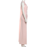 Women Autumn/Winter Sexy Ribbon Pleated Solid Maxi Dress