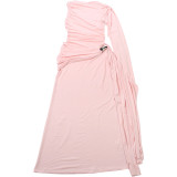 Women Autumn/Winter Sexy Ribbon Pleated Solid Maxi Dress