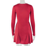 Women Pleated Long-Sleeve Solid Dress
