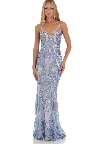 Women's Sexy Strappy Blue Sequin V-neck Evening Dress