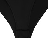 Women Sexy Black and White Color Block Turndown Collar Patchwork Bodysuit