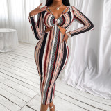 Women's Stripes Printed V-neck Long Sleeve Midi Dress