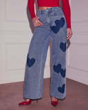 Women Spring/Summer Heart Print Casual Denim Wide-Leg Pants