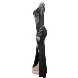 Women Solidmesh Beaded Slit Maxi Dress