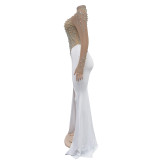 Women Solidmesh Beaded Slit Maxi Dress