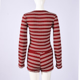 Women Autumn Striped Long-Sleeved Top and Shorts Two-Piece Set