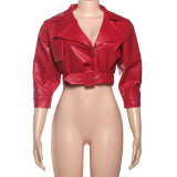 Women Autumn/Winter Solid Turndown Collar Waist-cinching Tie-front Jacket