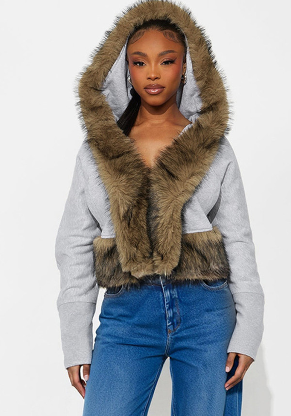 Women Autumn/Winter Hooded Fur Patchwork Pocket Long Sleeve Jacket