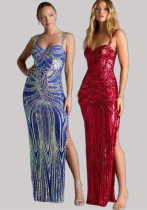 Women's Sequin Pattern Sexy Strap Formal Party Evening Gown